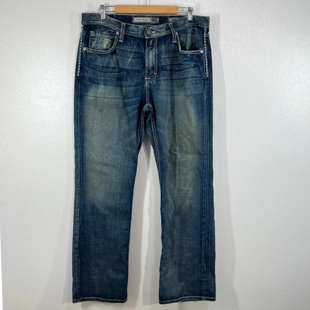 BKE Tyler Straight‎ Jeans Men 36R Blue Medium Wash Distressed Denim Thick Stitch